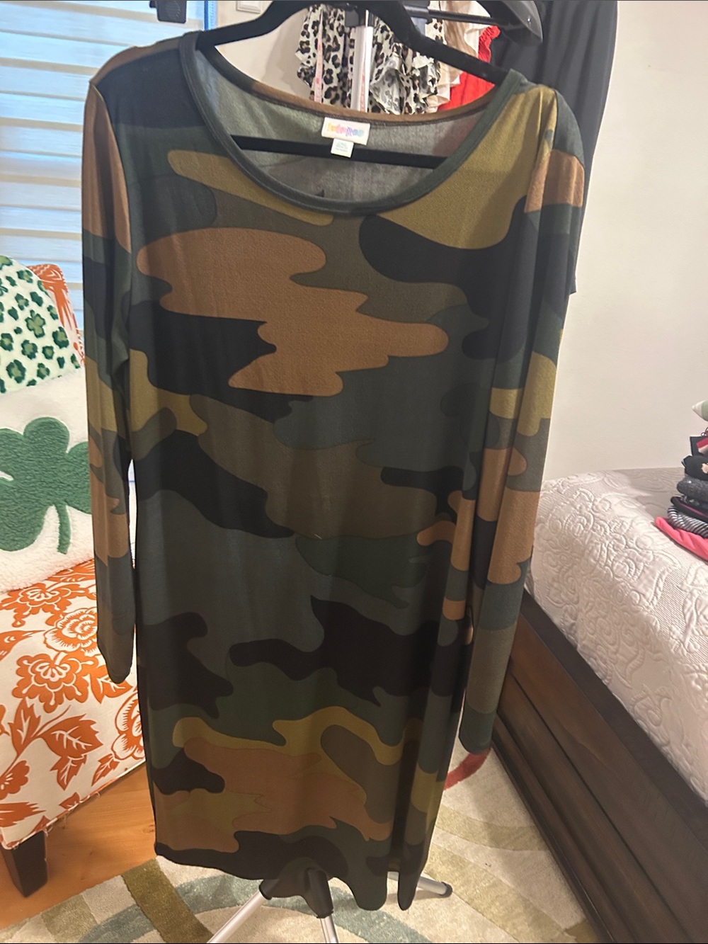 LuLaRoe Debbie Long Sleeve Camo Print Dress in Olive, Brown, Black